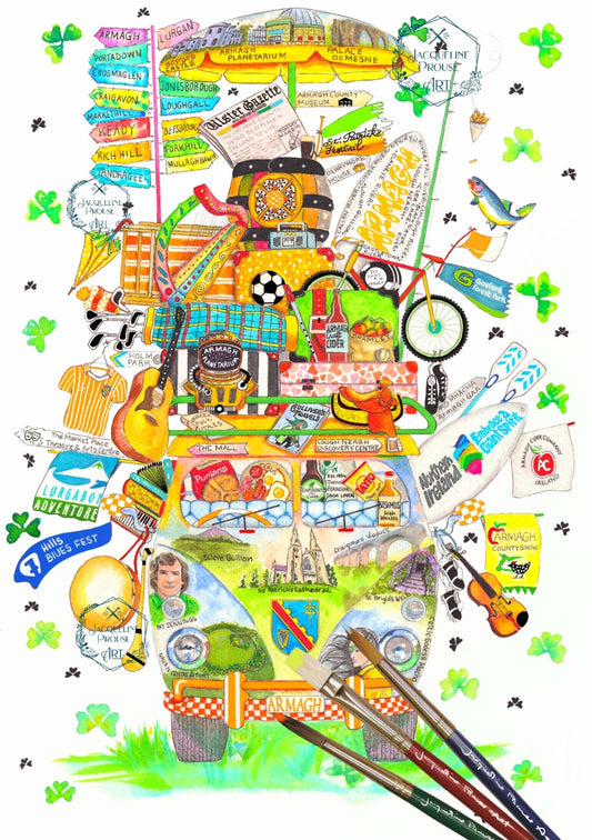 Armagh Wagon
Rare Irish Wagon artwork for County Armagh with vibrant illustrations capturing cultural and natural highlights.