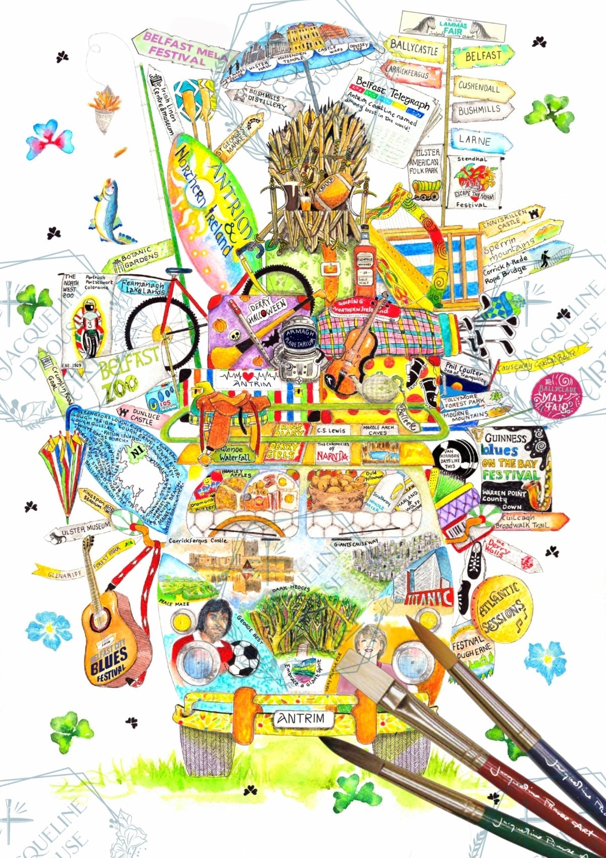 Antrim Wagon
Rare Irish Wagon artwork for County Antrim, featuring illustrated landmarks and signposts in a colourful, hand-painted style.