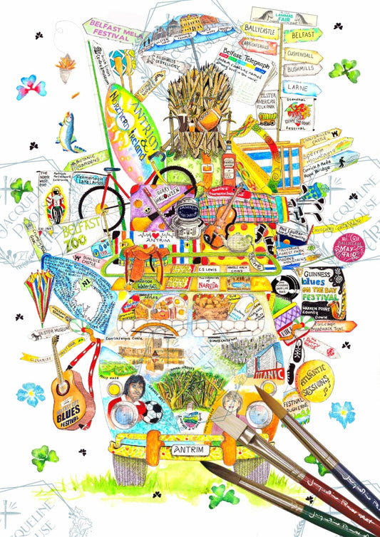 Antrim Wagon
Rare Irish Wagon artwork for County Antrim, featuring illustrated landmarks and signposts in a colourful, hand-painted style.